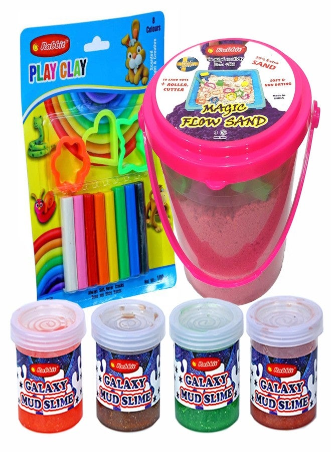 Rabbit Play Clay of 8 Color Blister Card + Magic Flow Sand Bucket 500g | 4 Galaxy Mud Slime (Any Color) | Combo of 3 Clay Dough Sand Slime for Kids | Age 6+ - Image 1